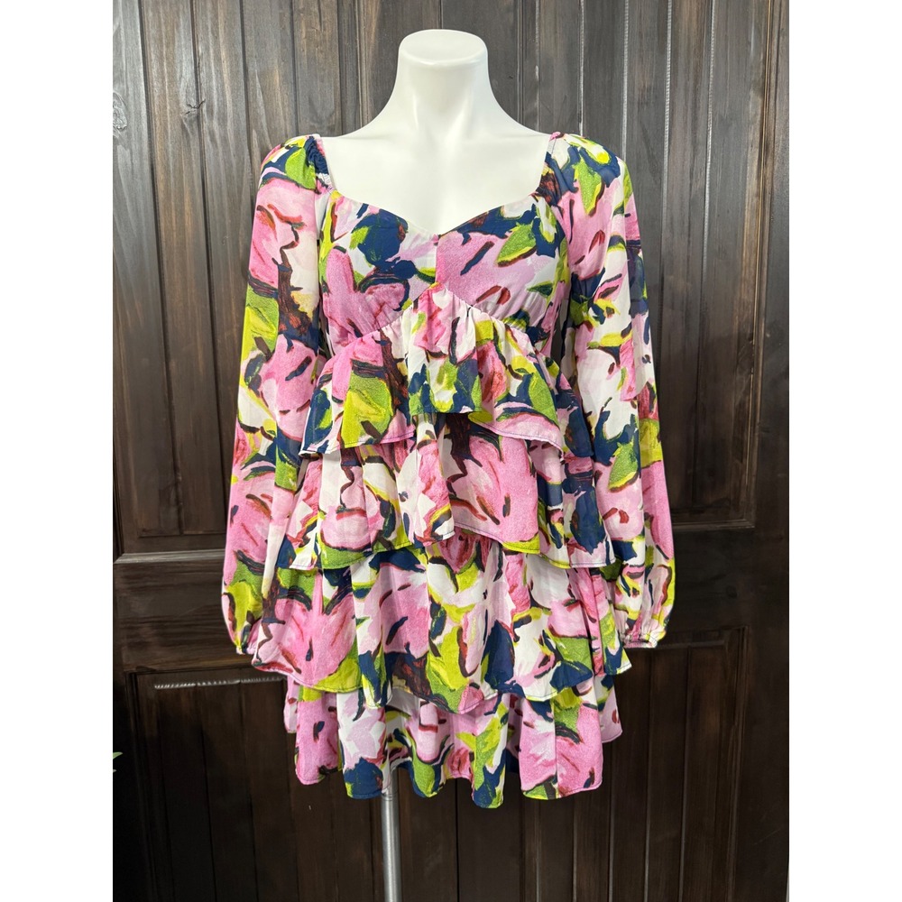 Abercrombie & Fitch Floral Tiered Ruffle Mini Dress Pink Green Long‎ Sleeve NEW